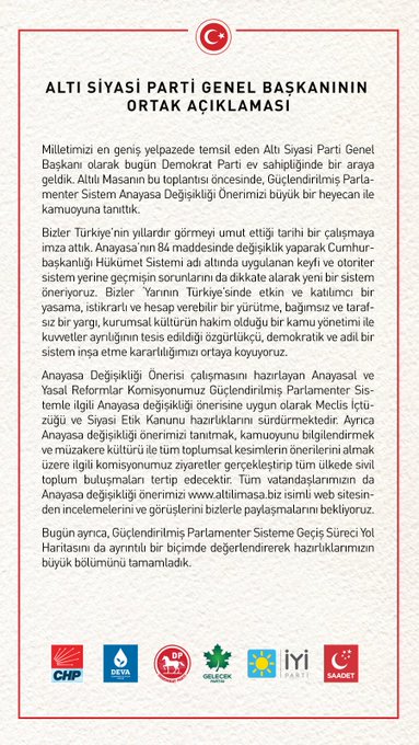 Altılı Masa dokuzuncu kez toplandı: Tarihi bir çalışmaya imza attık
