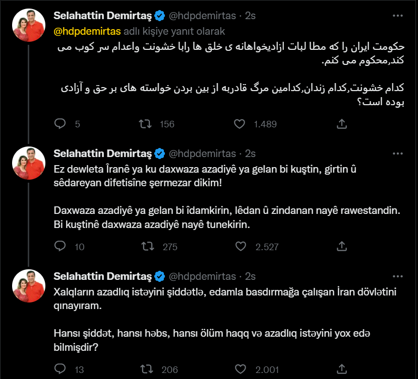 Demirtaş’tan dört dilde İranlılarla dayanışma mesajı
