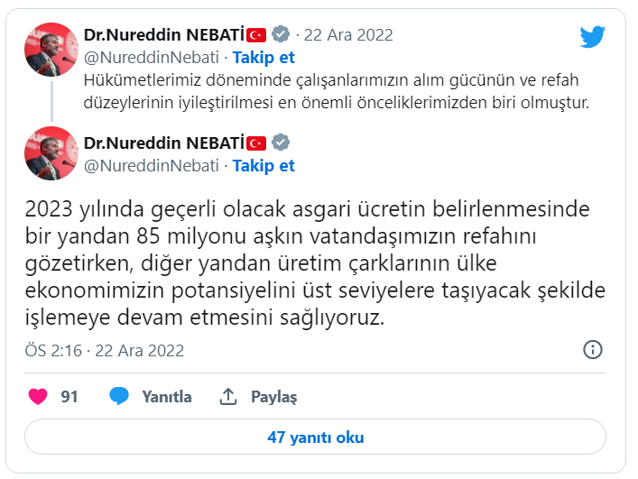Nebati'den asgari ücret yorumu: Artış Ocak'a göre yüzde 100