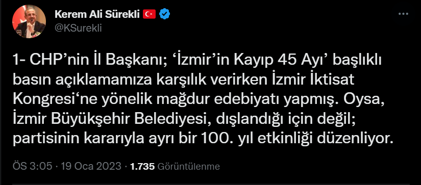 Sürekli'den Aslanoğlu'na 100. yıl yanıtı:   "CHP'nin her konudan mağduriyet çıkarma eğilimi kamuoyunu bıktırdı"