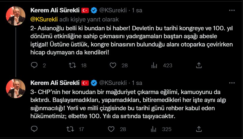 Sürekli'den Aslanoğlu'na 100. yıl yanıtı:   "CHP'nin her konudan mağduriyet çıkarma eğilimi kamuoyunu bıktırdı"
