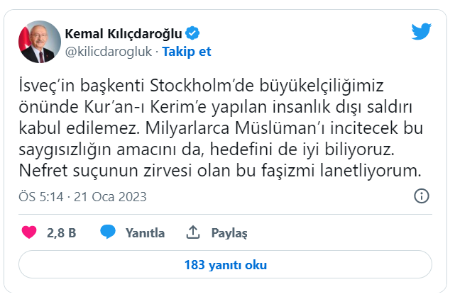 Kılıçdaroğlu: Kur’an-ı Kerim’e insanlık dışı saldırı kabul edilemez