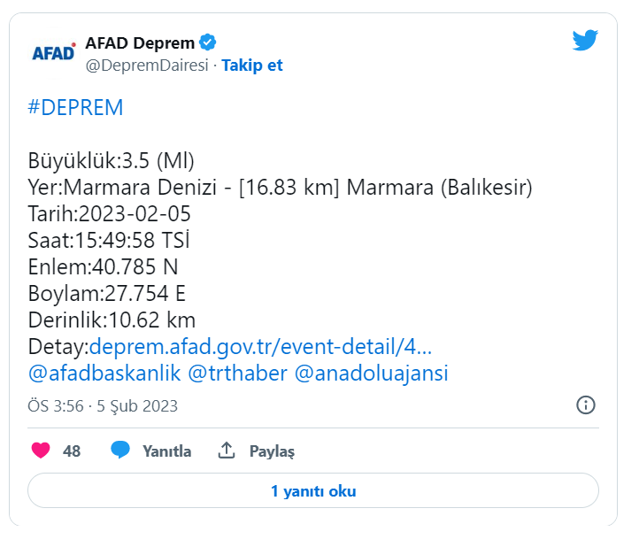 Marmara Denizi'nde 3.5 büyüklüğünde deprem