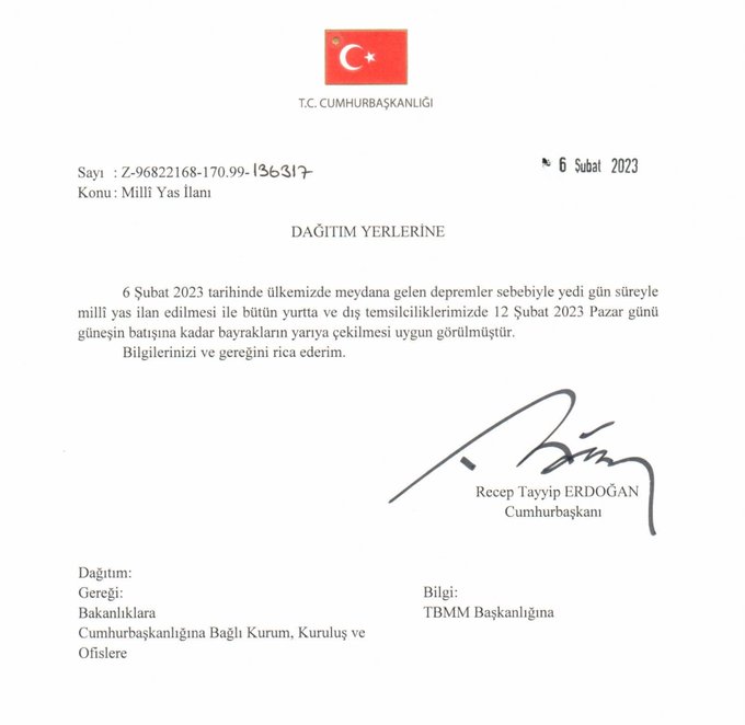 Türkiye'de milli yas ilan edildi