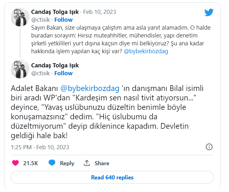 Candaş Tolga Işık: Bozdağ'ın danışmanı aradı, 'Sen nasıl tweet atıyorsun' dedi
