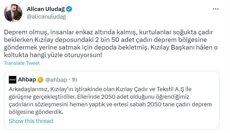 Kızılay'ın çadır satması gündem: 'Neden bağış alıyorlar o zaman?'