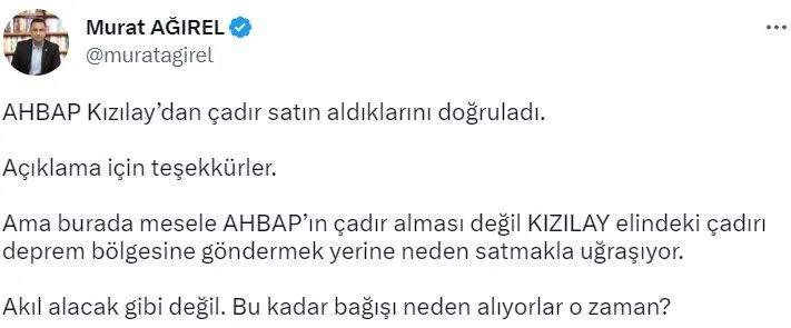 Kızılay'ın çadır satması gündem: 'Neden bağış alıyorlar o zaman?'