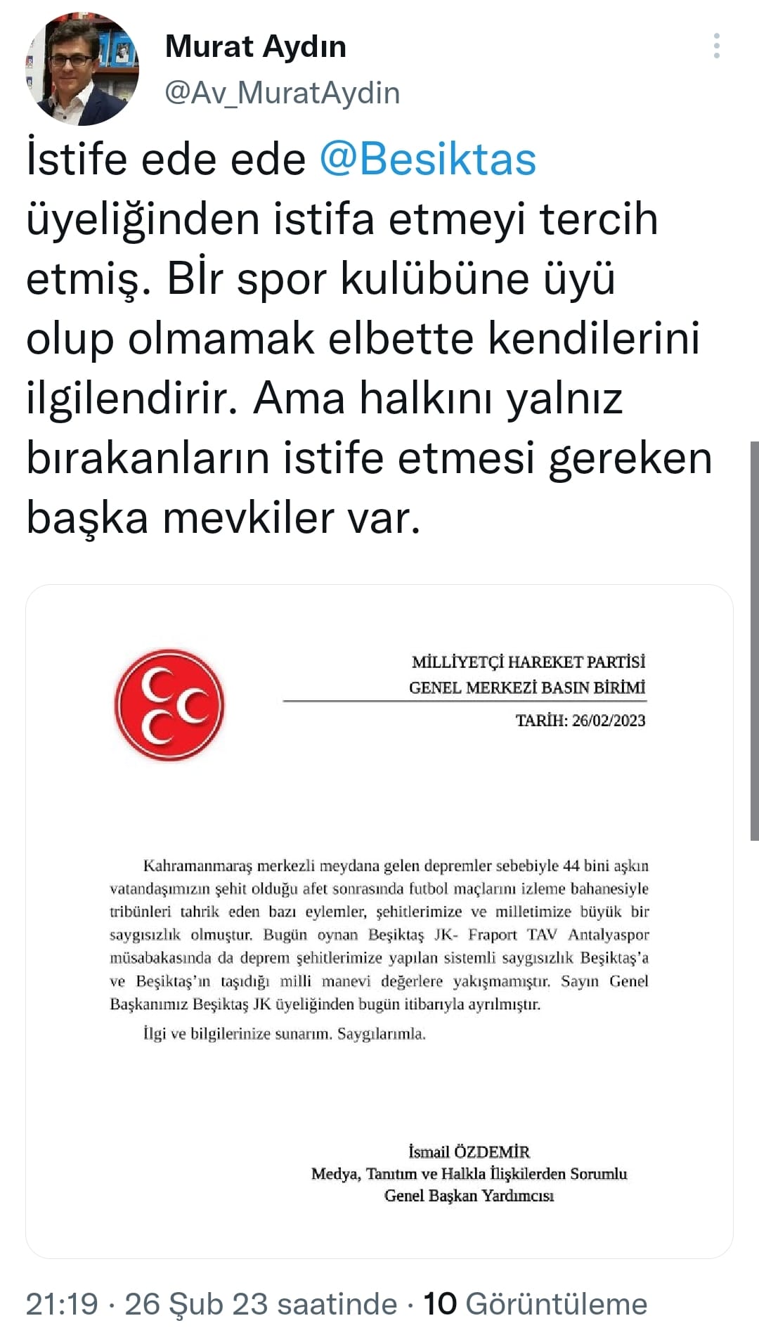 CHP'li Aydın'dan Bahçeli'ye istifa tepkisi