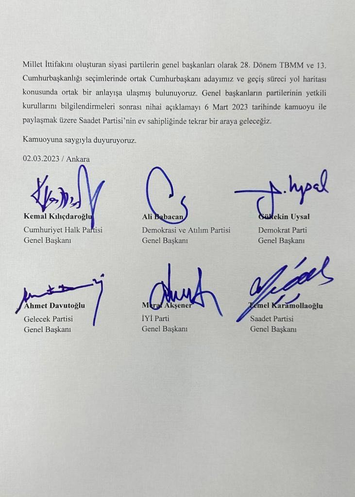 Altılı masa: 'Ortak anlayışa' ulaştık, nihai açıklama 6 Mart'ta