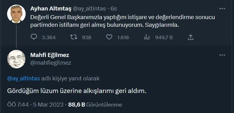 İYİ Partili Altıntaş'ın istifasını geri almasına tepkiler: 'Gördüğüm lüzum üzerine alkışlarımı geri aldım'