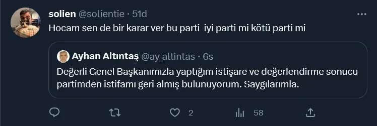İYİ Partili Altıntaş'ın istifasını geri almasına tepkiler: 'Gördüğüm lüzum üzerine alkışlarımı geri aldım'