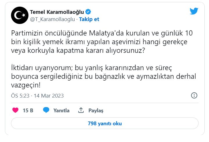 Temel Karamollaoğlu: Malatya'da kurulan aşevimizi hangi korkuyla kapatma kararı alıyorsunuz?