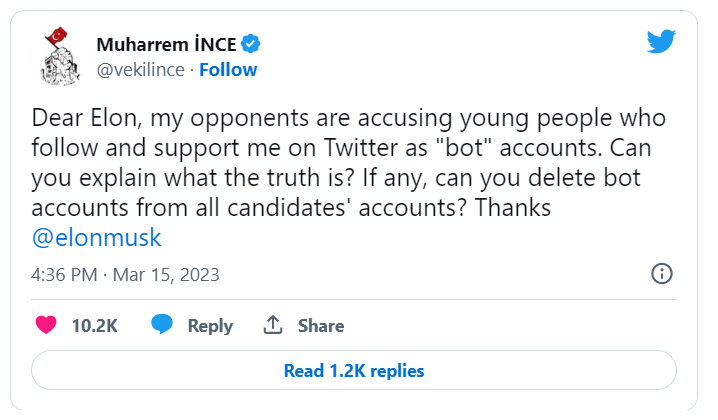 Muharrem İnce’den Elon Musk’a ‘bot hesap’ talebi