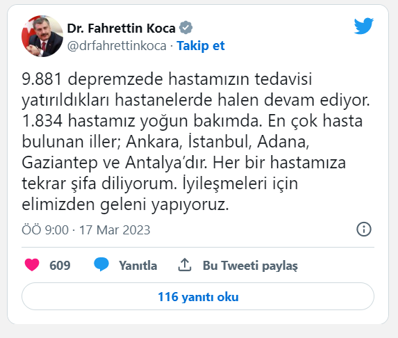 Sağlık Bakanı Fahrettin Koca: 9 bin 881 depremzedenin hastanelerde tedavisi sürüyor