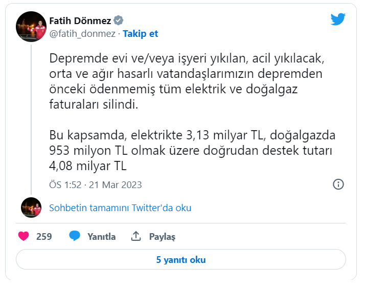 Bakan Dönmez: Depremzedelerin elektrikte 3.13 milyar, doğalgazda 953 milyon lira faturası silindi