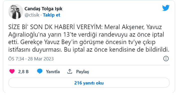 Candaş Tolga Işık: Akşener, Ağıralioğlu ile görüşmesini iptal etti