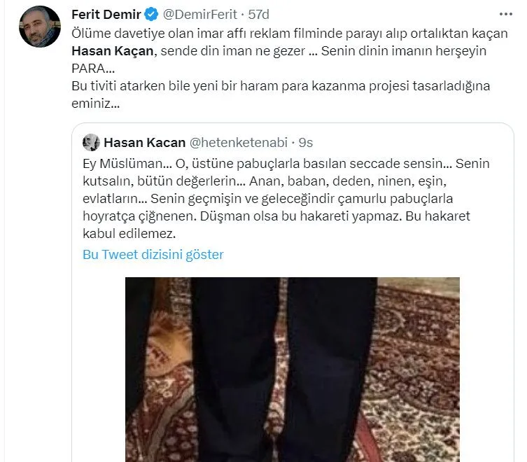 Hasan Kaçan'a 'seccade' tepkisi: İmar affının reklam yüzü sahalara dönmüş