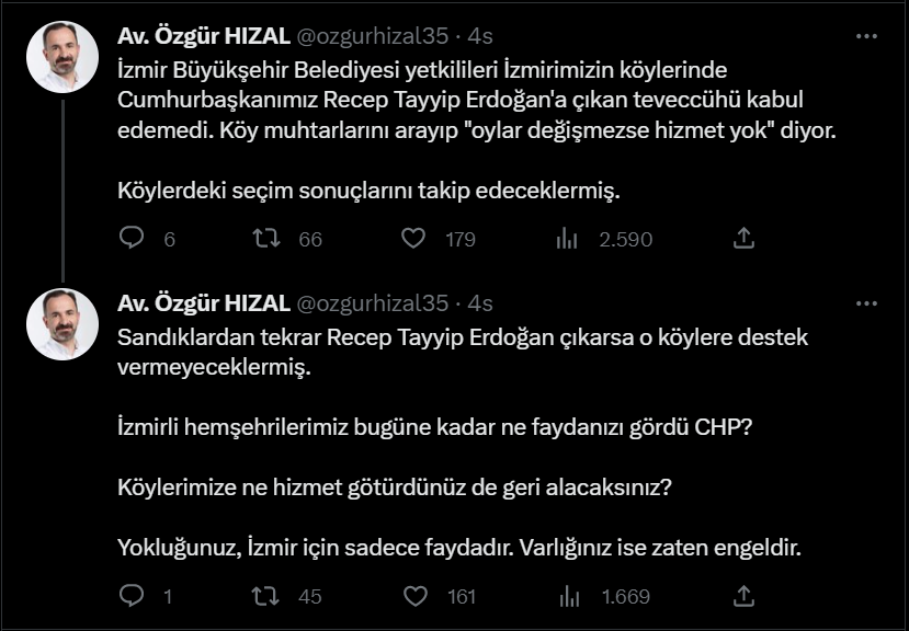 AK Partili Hızal: "Şantaj ve montaj siyasetini propagandasının baş aktörü yapan CHP, İzmir'de muhtarlarımızı tehdit etmeye başladı"