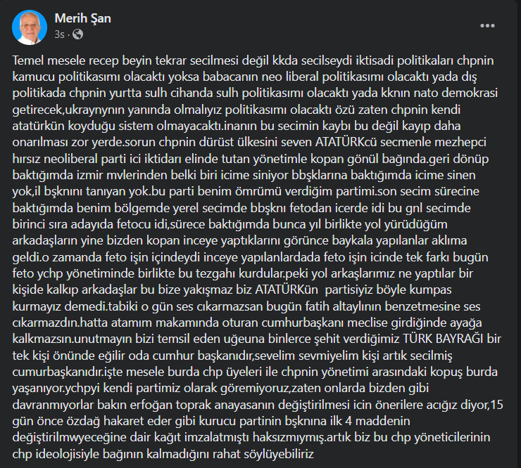 CHP İzmir İl eski Sekreteri Merih Şan:  "CHP yöneticilerinin CHP ideolojisiyle bağının kalmadığını rahat söyleyebiliriz"
