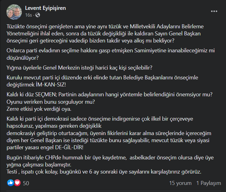 CHP’li Levent Eyipişiren: CHP’de hummalı bir üye kaydetme, hasbelkader önseçim olursa diye üye yığma çalışması başlamıştır