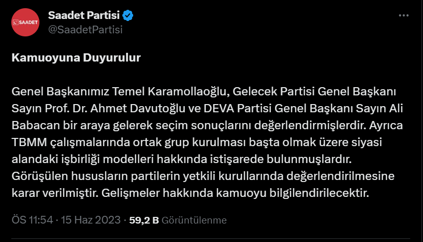 Saadet Partisi'nden ortak grup açıklaması:  "Yetkili kurullarımızda değerlendirilecek"