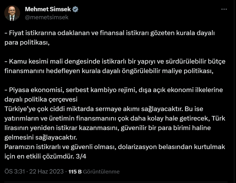 Bakan Şimşek'ten MB'nin faiz kararı sonrası ilk açıklama
