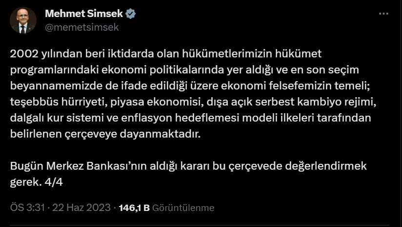 Bakan Şimşek'ten MB'nin faiz kararı sonrası ilk açıklama