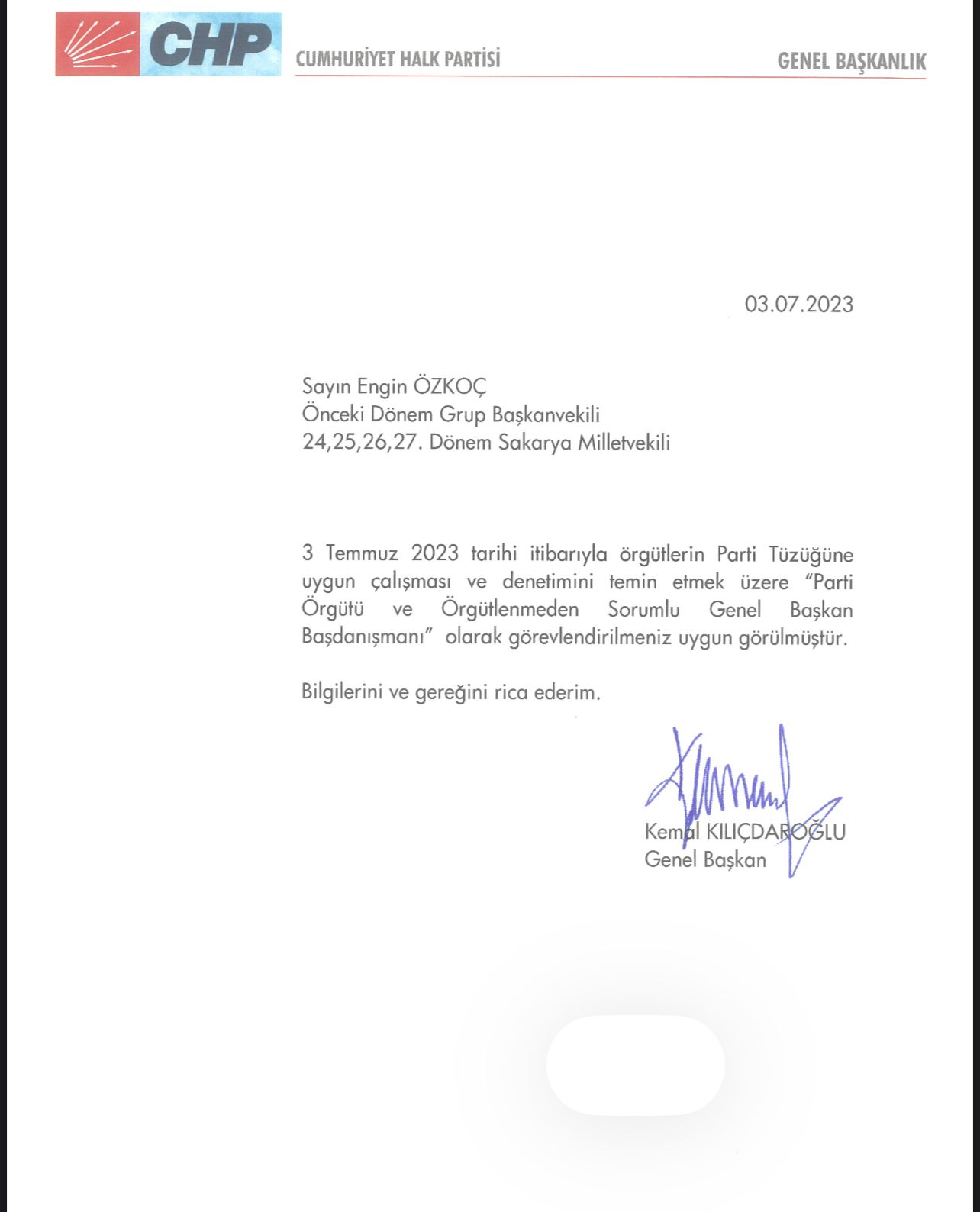 Kılıçdaroğlu'ndan Engin Özkoç'a yeni görev