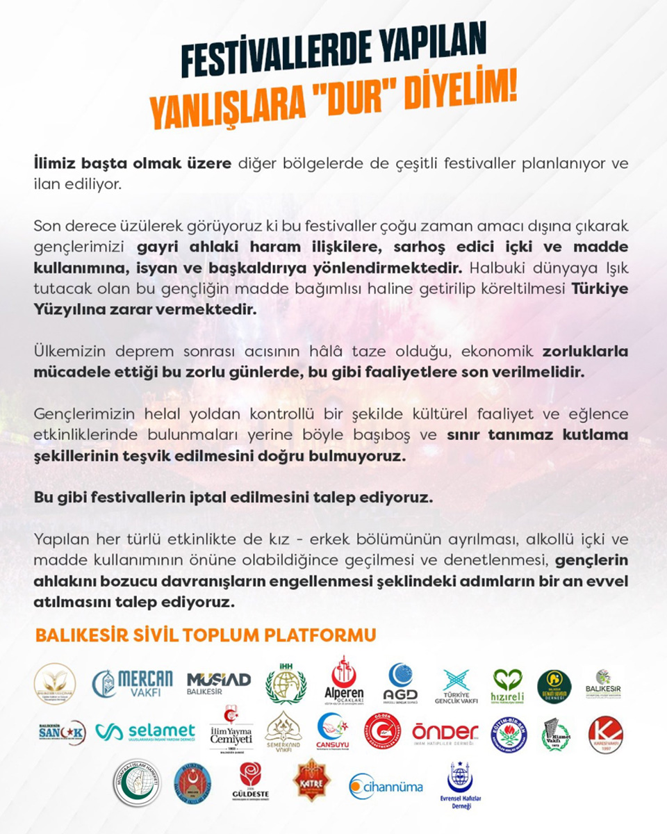 TÜGVA dahil 25 kuruluştan bildiri: Festivaller yasaklansın!