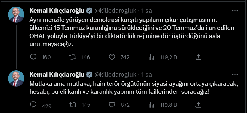 Kılıçdaroğlu'ndan '15 Temmuz' paylaşımı: 'Terör örgütünün siyasi ayağını ortaya çıkaracağız'