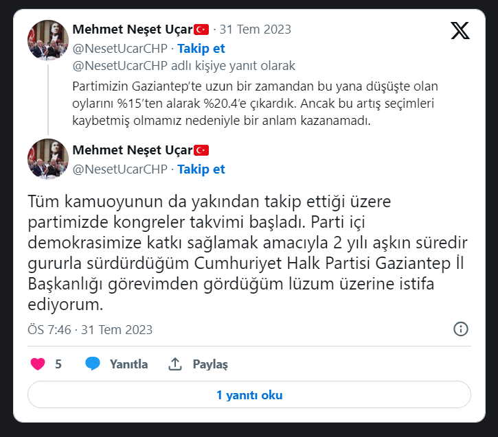 CHP Gaziantep İl Başkanı Neşet Uçar istifa etti