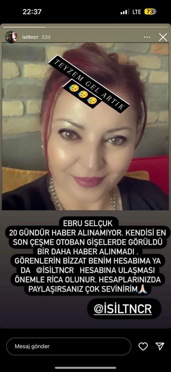 Ebru Selçuk'tan 20 gündür haber alınamıyor