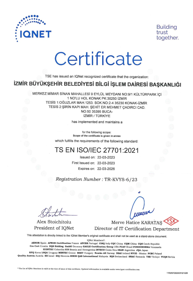İzmir Büyükşehir Belediyesi ISO 27701 standardına sahip ilk “Büyükşehir” oldu