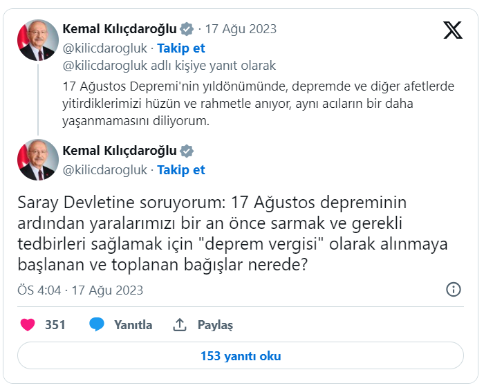 Kılıçdaroğlu'ndan 17 Ağustos mesajı: 'Toplanan bağışlar nerede?'