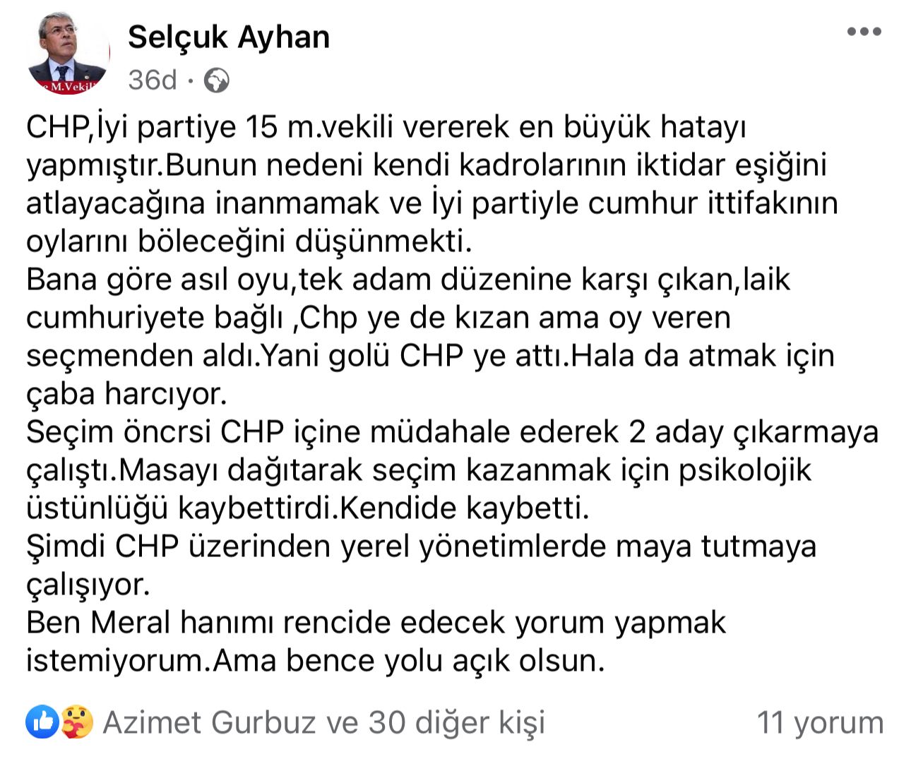 Ayhan, "CHP, İYİ Parti'ye 15 milletvekili vererek en büyük hatayı yapmıştır"