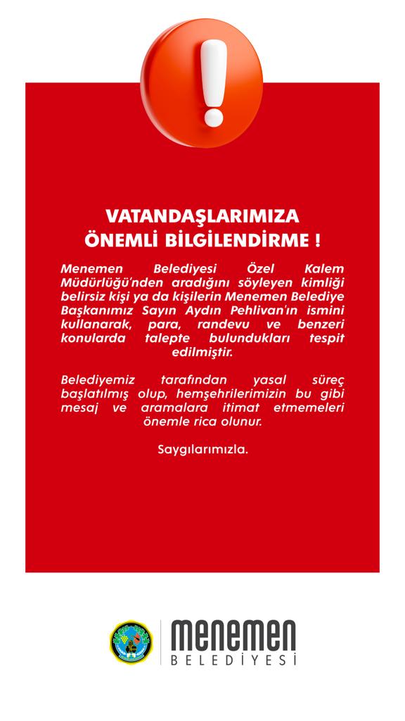 Menemen Belediyesi'nden dolandırıcılık uyarısı