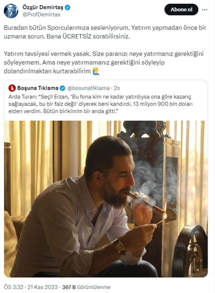 Arda Turan milyonlarca dolarını kaptırdığını açıkladı: Özgür Demirtaş yatırım yapmak isteyen sporculara bakın ne tavsiye verdi