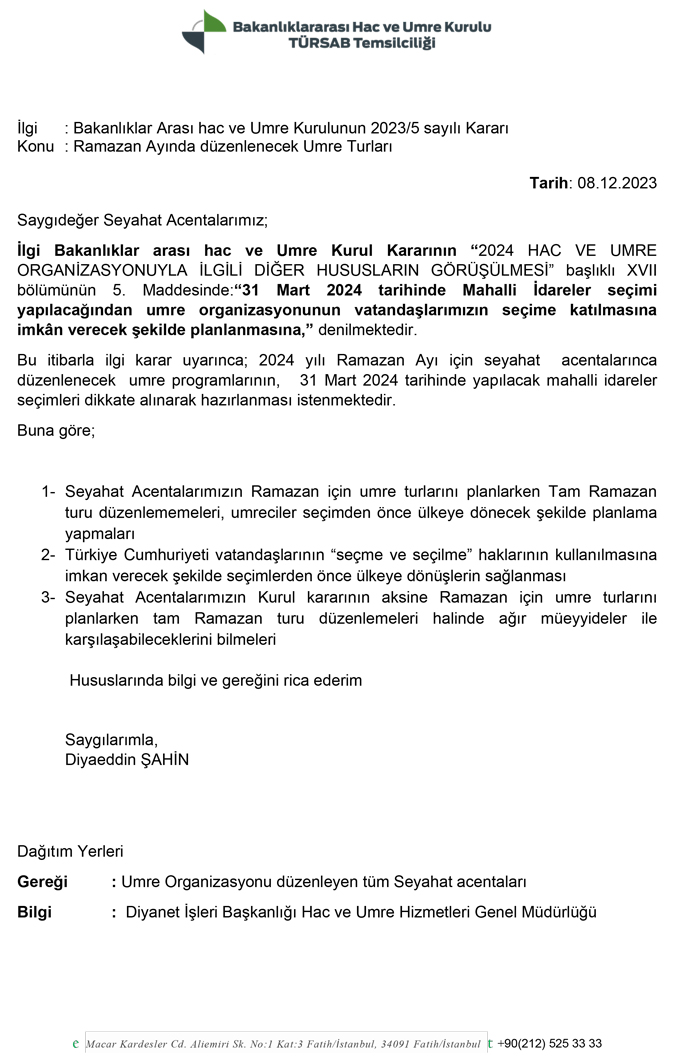 Seyahat Acentalarına tehdit gibi "umre turu" uyarısı;  "Turları Seçimlere Göre Ayarlayın"
