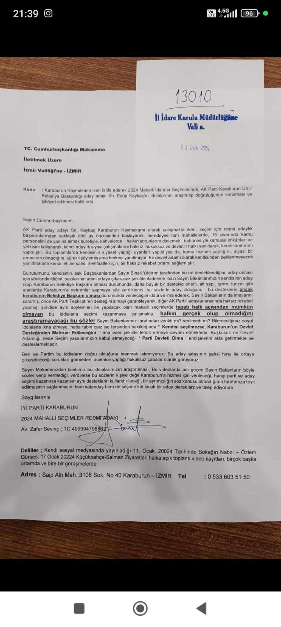 Karaburun İYİ Parti adayından AK Parti aday adayı kaymakam hakkında Cumhurbaşkanı Erdoğan'a “iddiaları araştırın” talebi