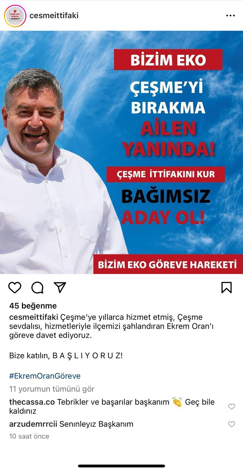 Çeşme’de Ekrem Oran Bağımsız aday olsun sesleri