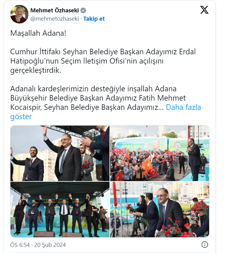 Sağlık sorunu nedeniyle İliç'e gelemediğini söyleyen Mehmet Özhaseki 2 törene katılmış