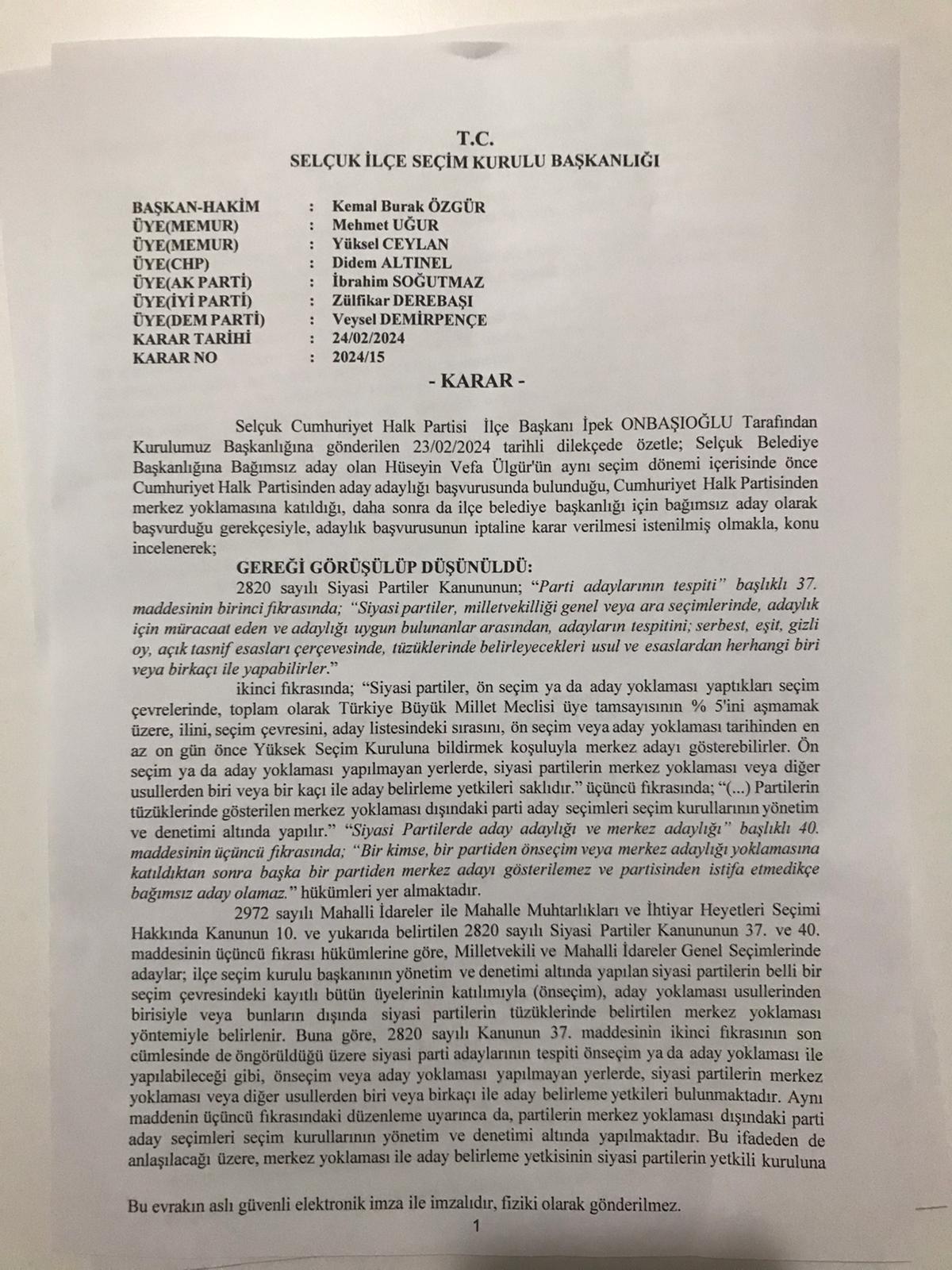 Ülgür’ün adaylığına itiraza ret