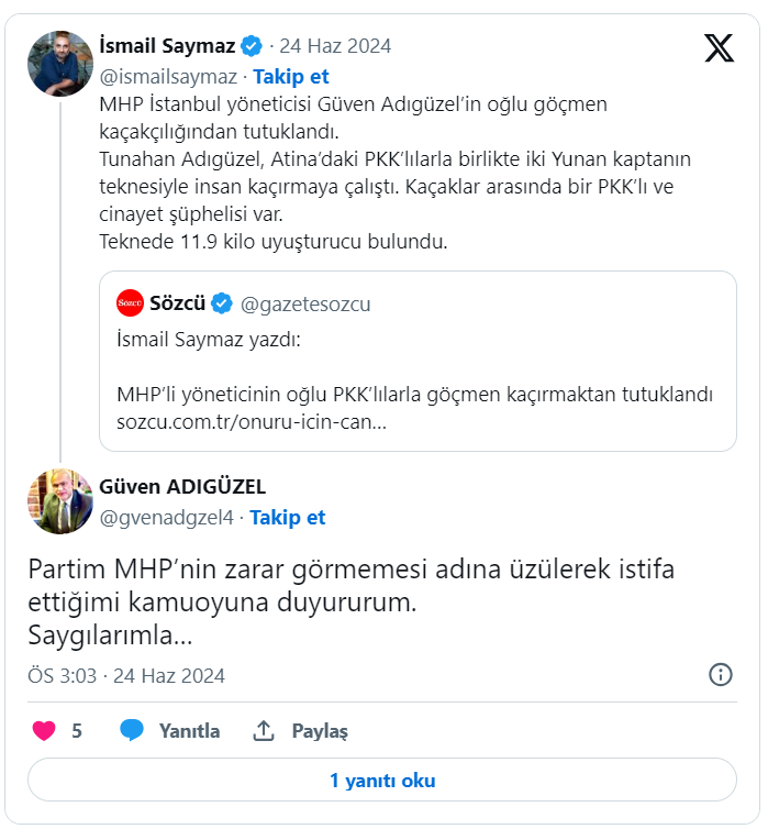 Oğlu göçmen kaçakçılığından tutuklanmıştı: MHP'li Güven Adıgüzel istifa etti