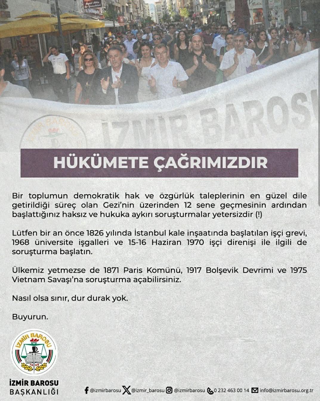 İzmir Barosu’ndan Hükümete Gezi Davası Tepkisi