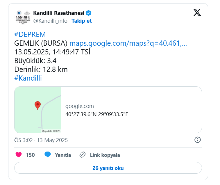 Kandilli Rasathanesi açıkladı: Bursa'da deprem