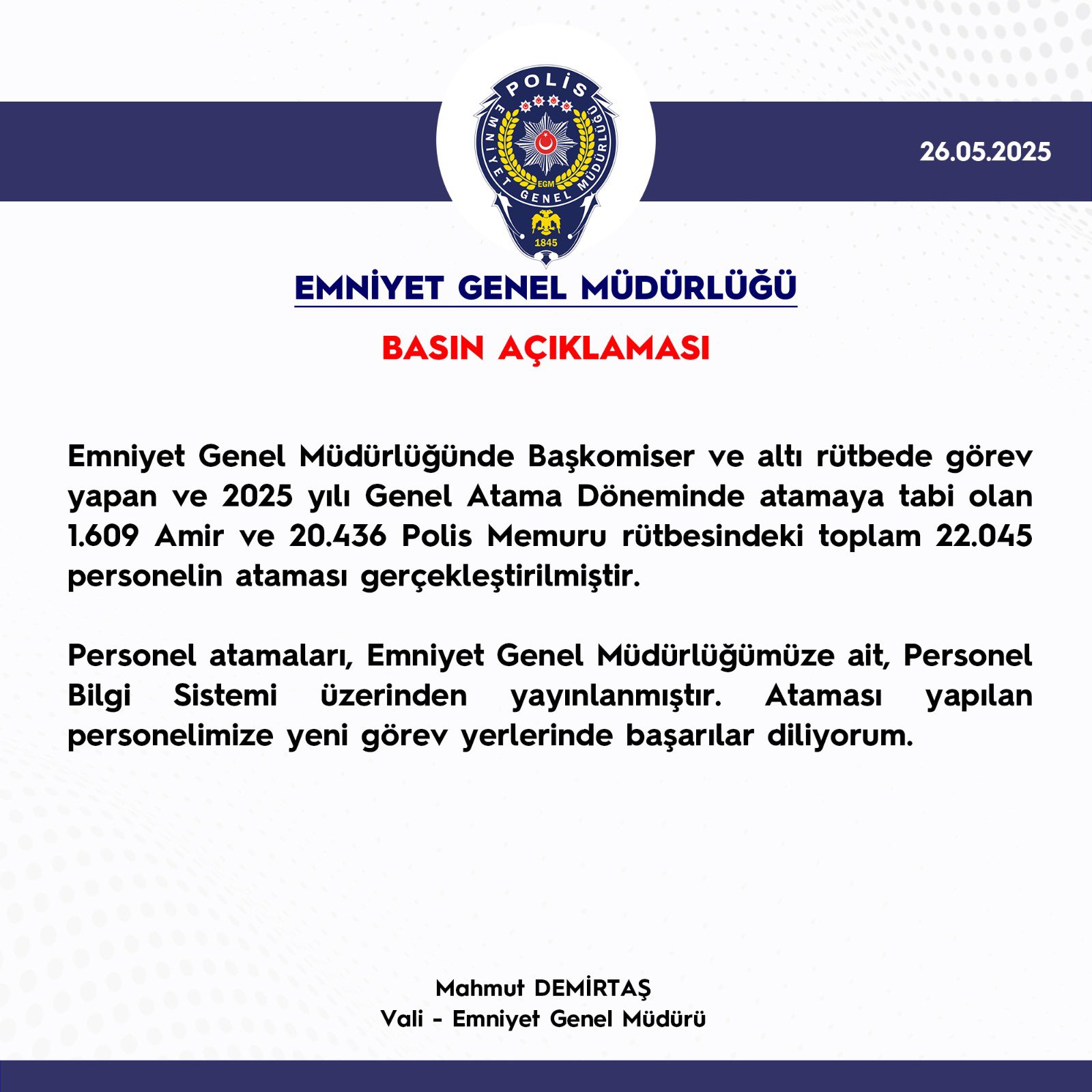 Başkomiser ve altı rütbede 22 bin 45 personelin ataması yapıldı