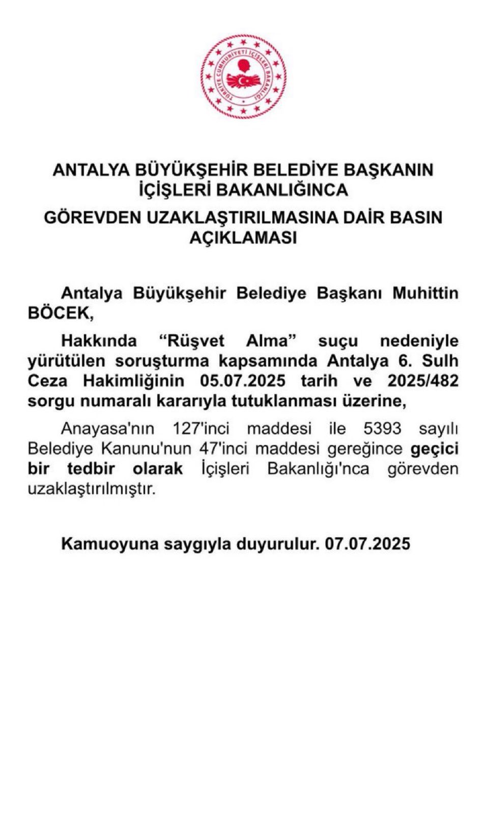 Antalya Büyükşehir Belediye Başkanı Muhittin Böcek görevden uzaklaştırıldı
