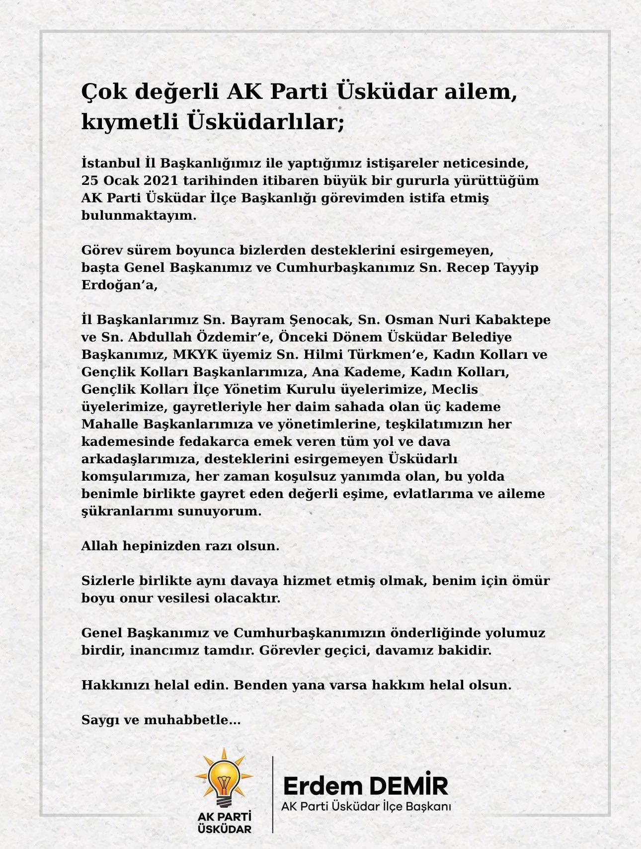 AK Parti Üsküdar İlçe Başkanı Erdem Demir Görevinden İstifa Etti