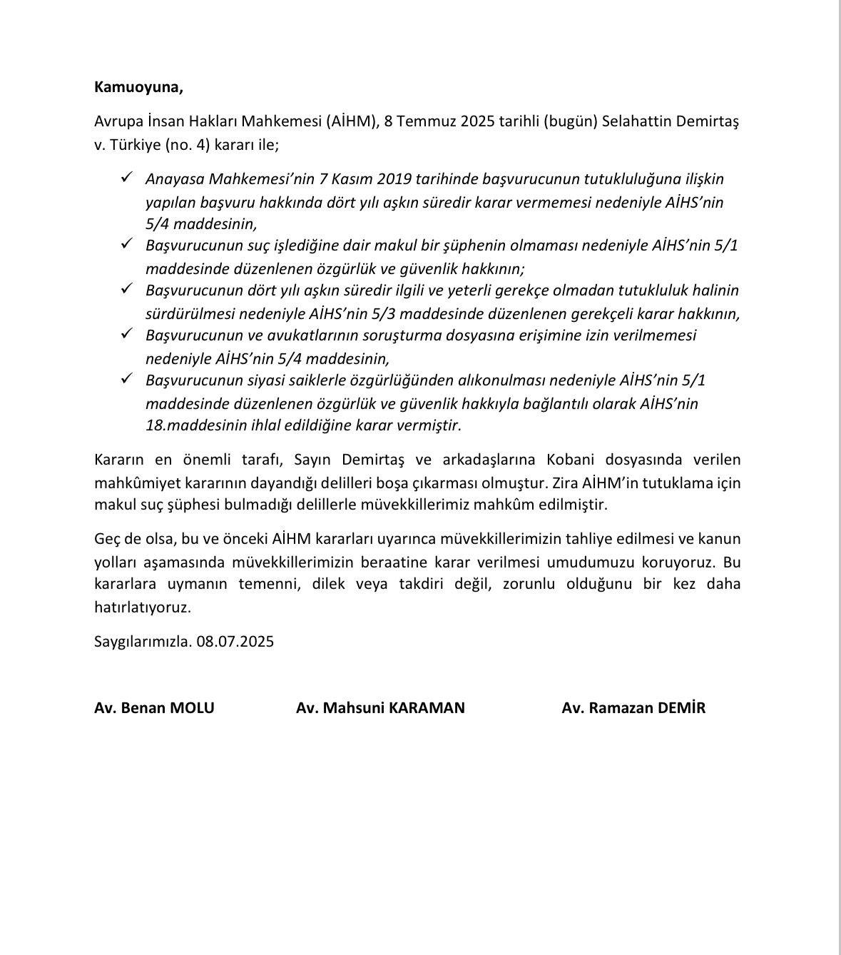 AİHM’in Selahattin Demirtaş Kararı Üzerine Avukatlarından serbest bırakılma talebi