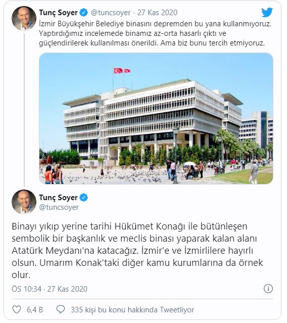 Depremde hasar gören İzmir Büyükşehir Belediye binası için yıkım kararı